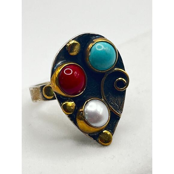 STERLING SILVER .925 Turquoise, Pearl & Coral Bead Ring 9.5 - Picture 3 of 5